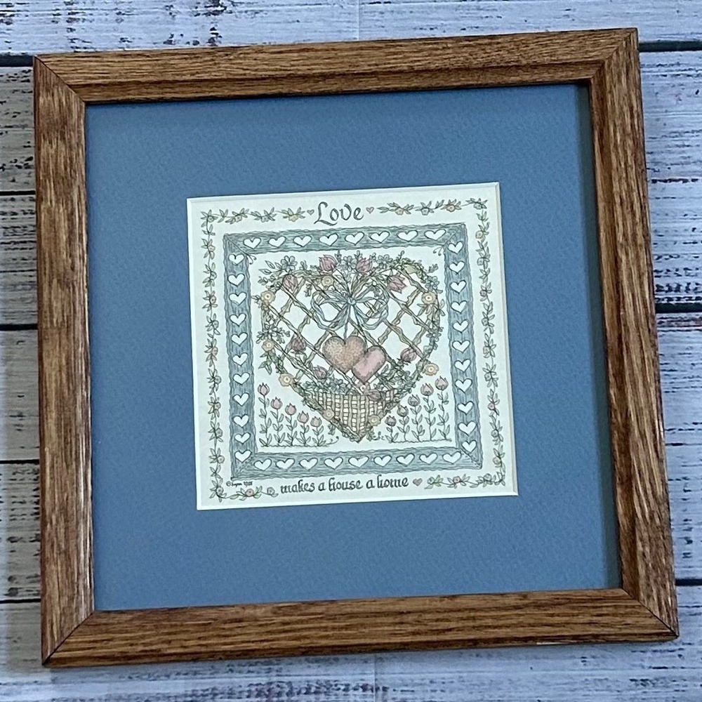 VTG Creative Calligraphy Love Makes a House a Home Framed Art Wood Blue Mat 9x9